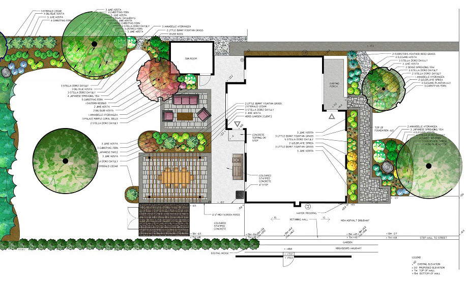 A detailed design drawing of a landscape project
